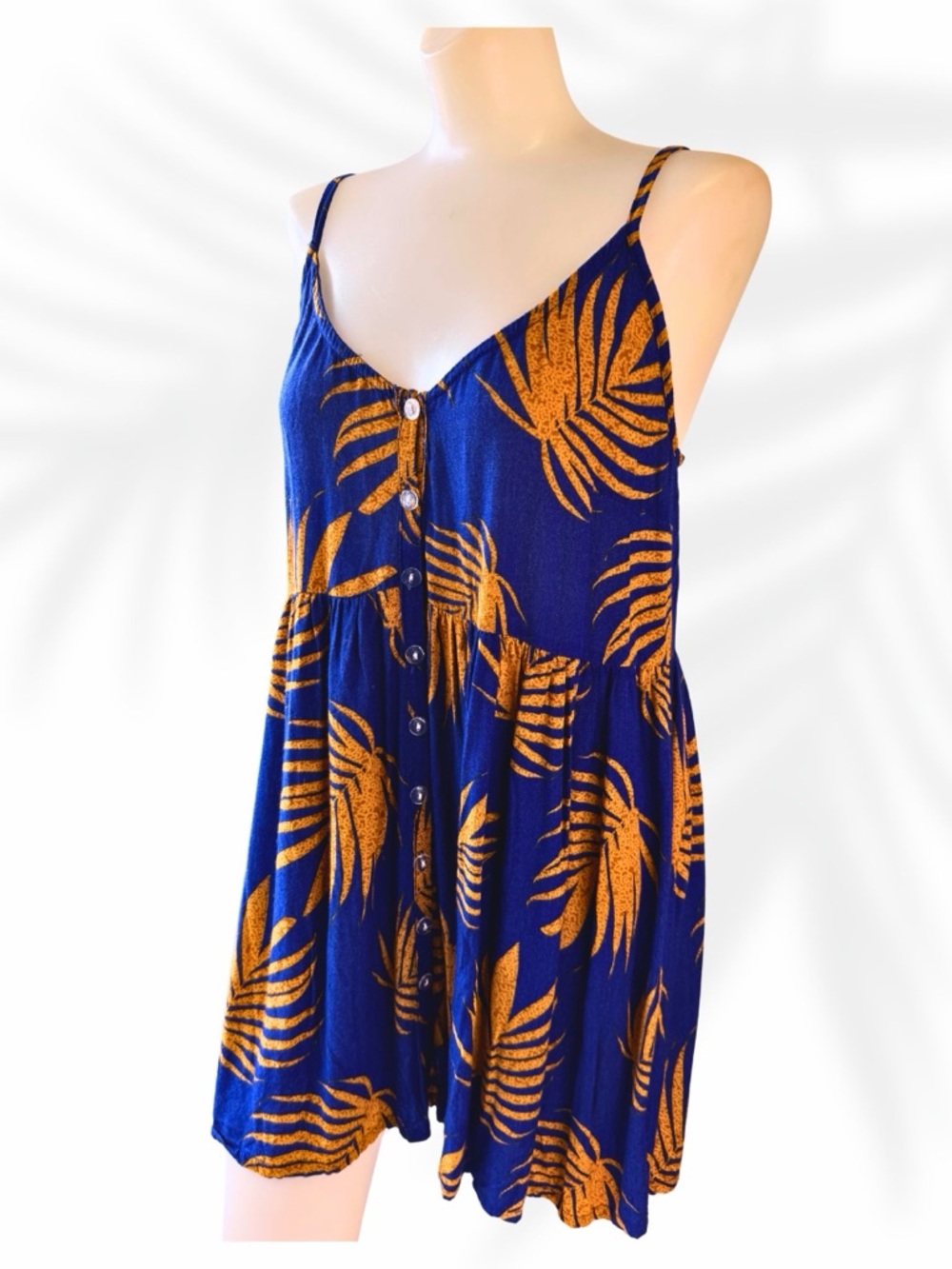 Hula Bay Hawaii Blue Orange Tropical Mini Dress Button Front Flowy M